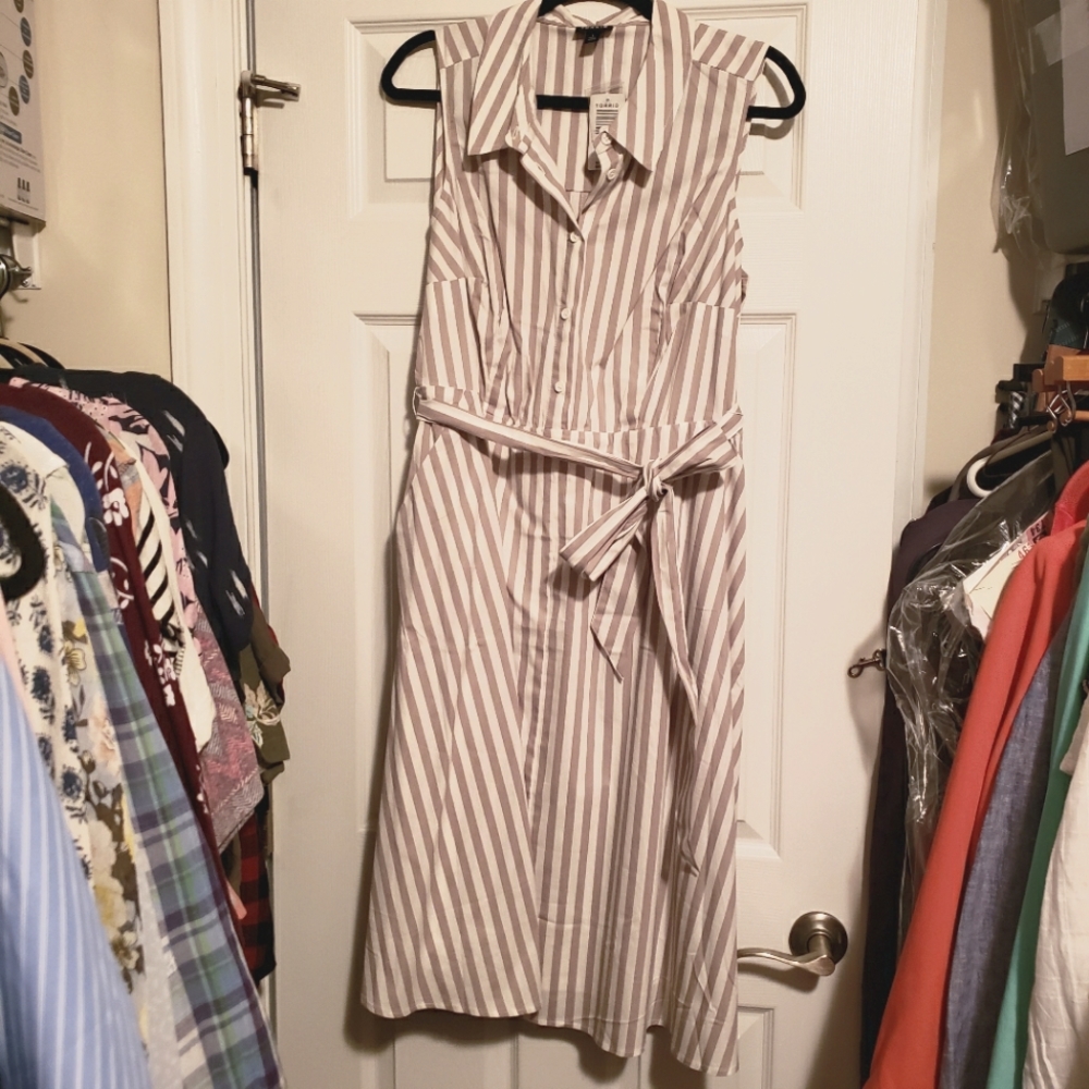 NWT Torrid Sz 1X 14W/16W Tan striped Sleeveless Poplin Shirt dress